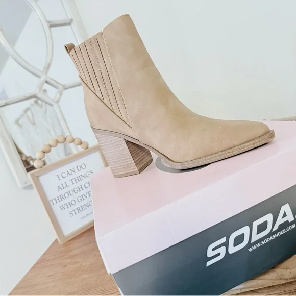 Soda Coffee Faux Leather Block Heel Booties - - Picture 3 of 5